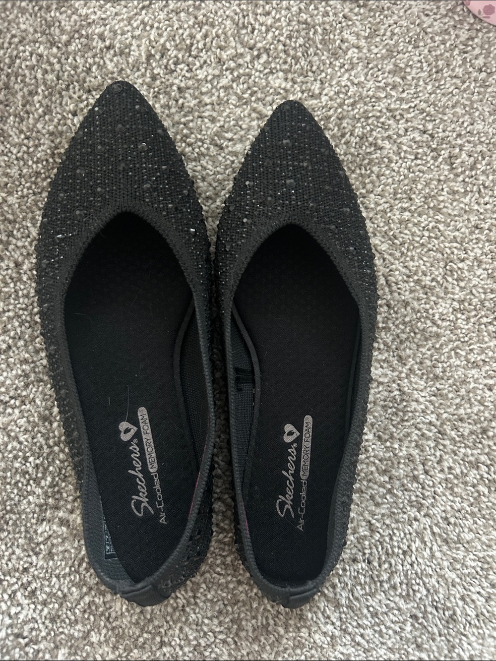Skechers Black Pointed-Toe Slip-On Flats with Sparkle Knit